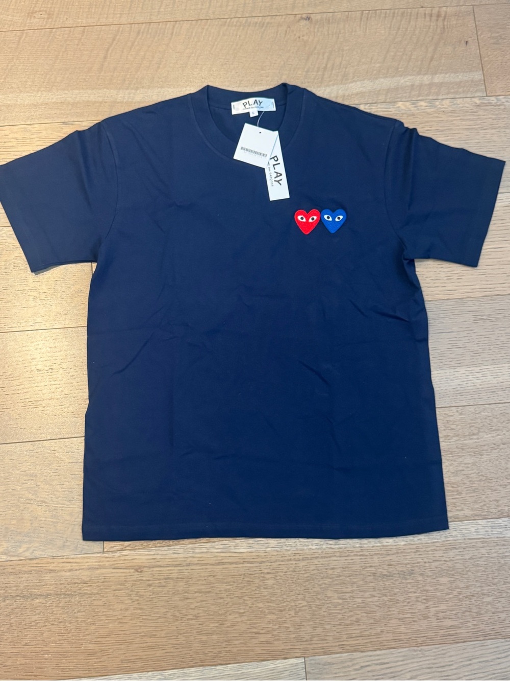 Comme des Garcons PLAY Navy Short Sleeve Tee with Red & Blue Heart Logos